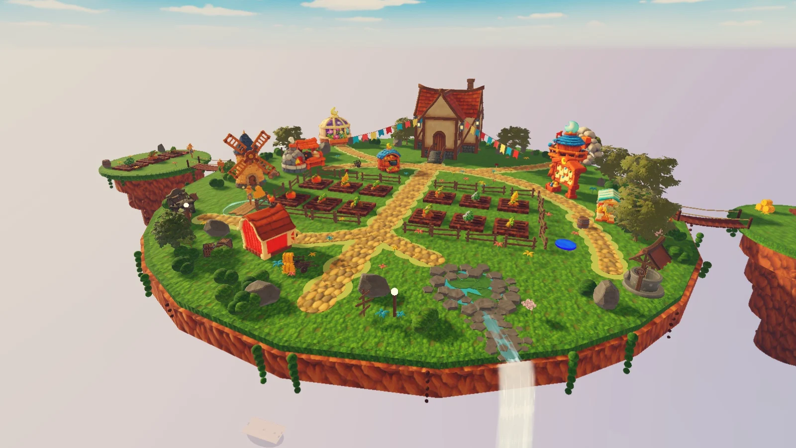 A floating farm island with a cottage, windmill, farm plots and two small islands joined by rope bridges