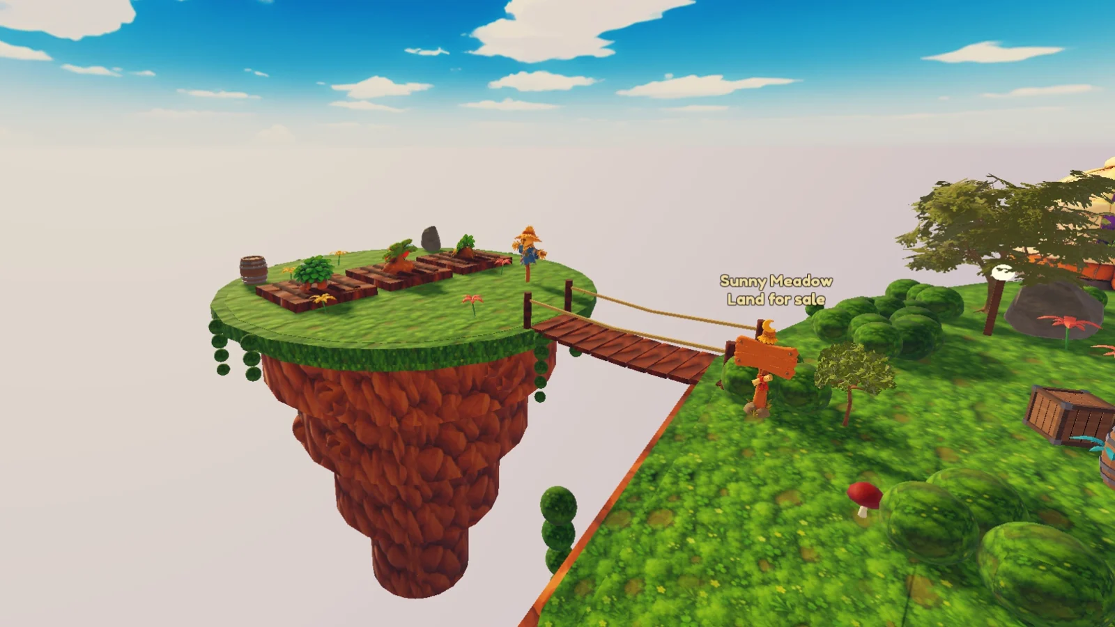 A small floating meadow with farm plots and a scarecrow, joined to the island by a rope bridge