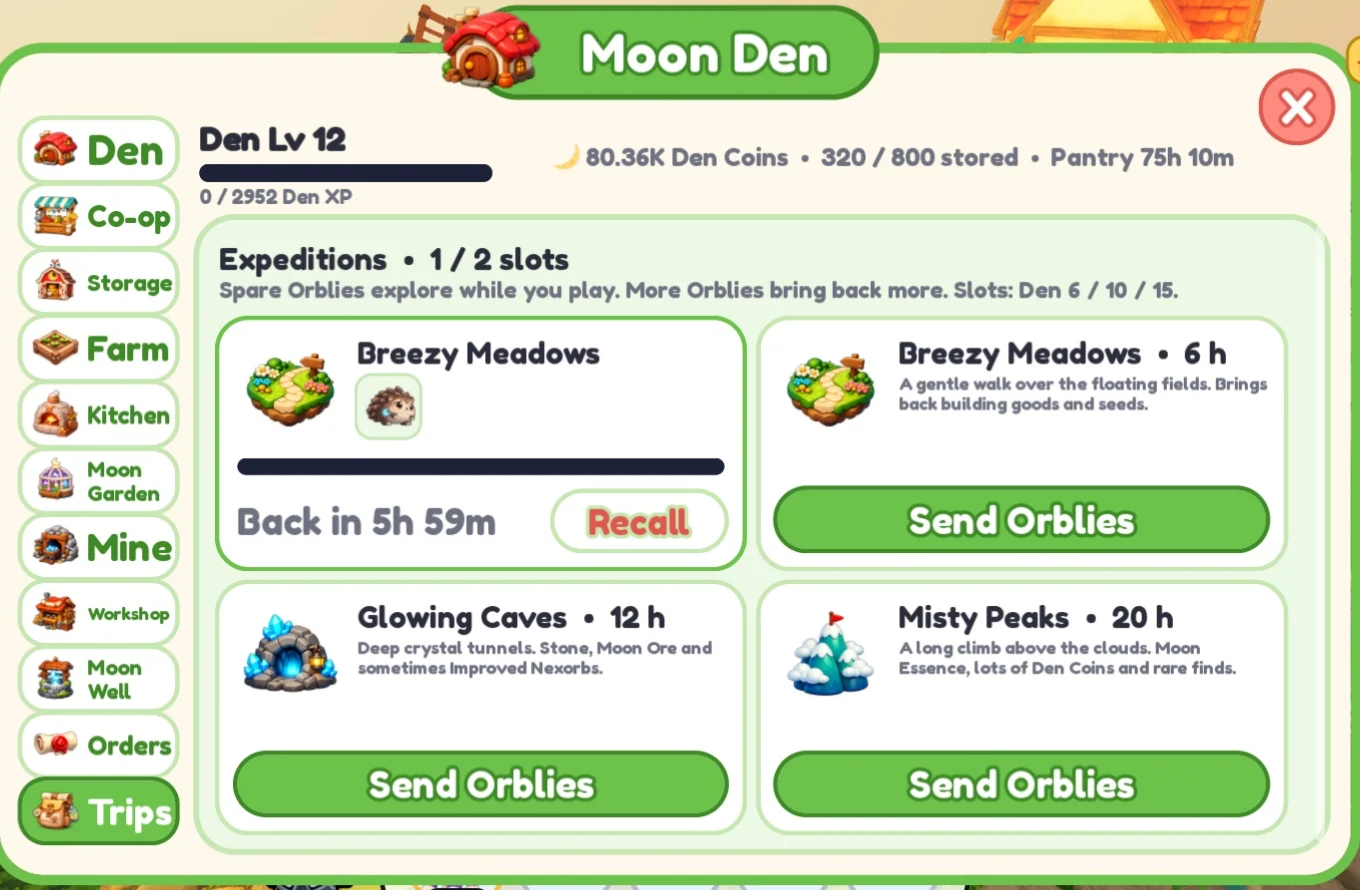 The Moon Den window showing the Trips tab with three expedition routes