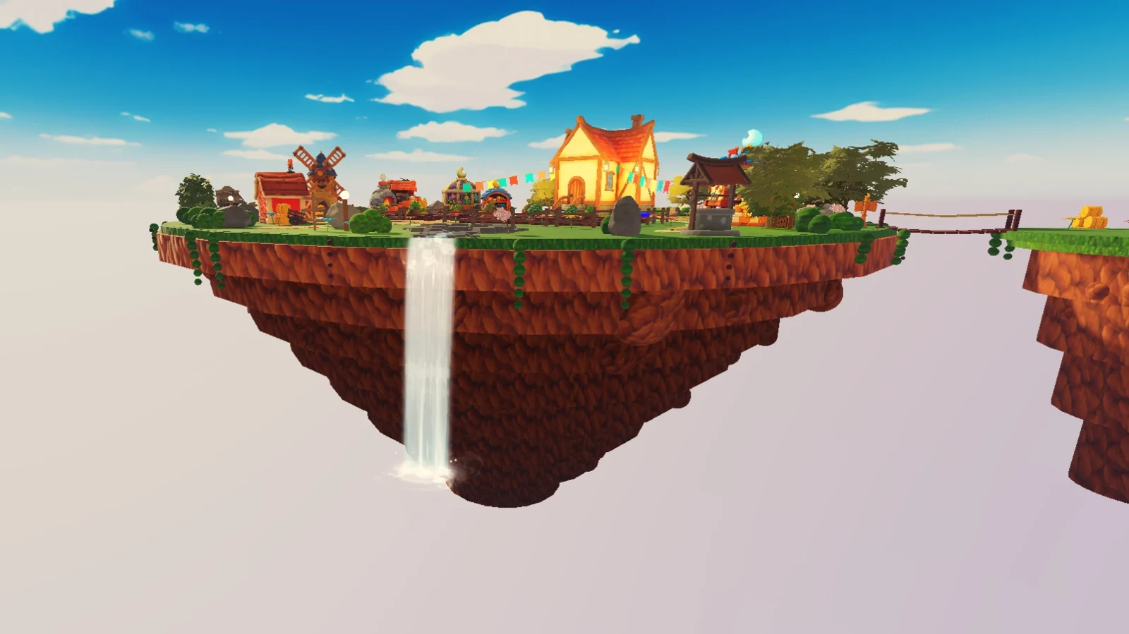 The floating island from the side with a waterfall pouring off the edge