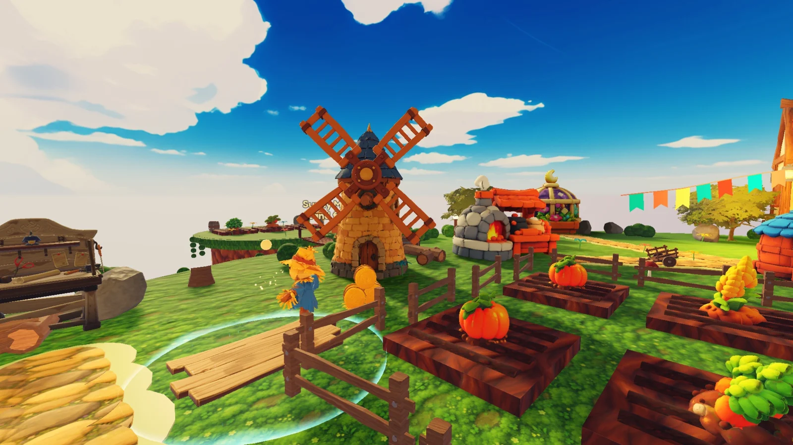 A stone windmill next to the farm plots, the kitchen oven and the greenhouse