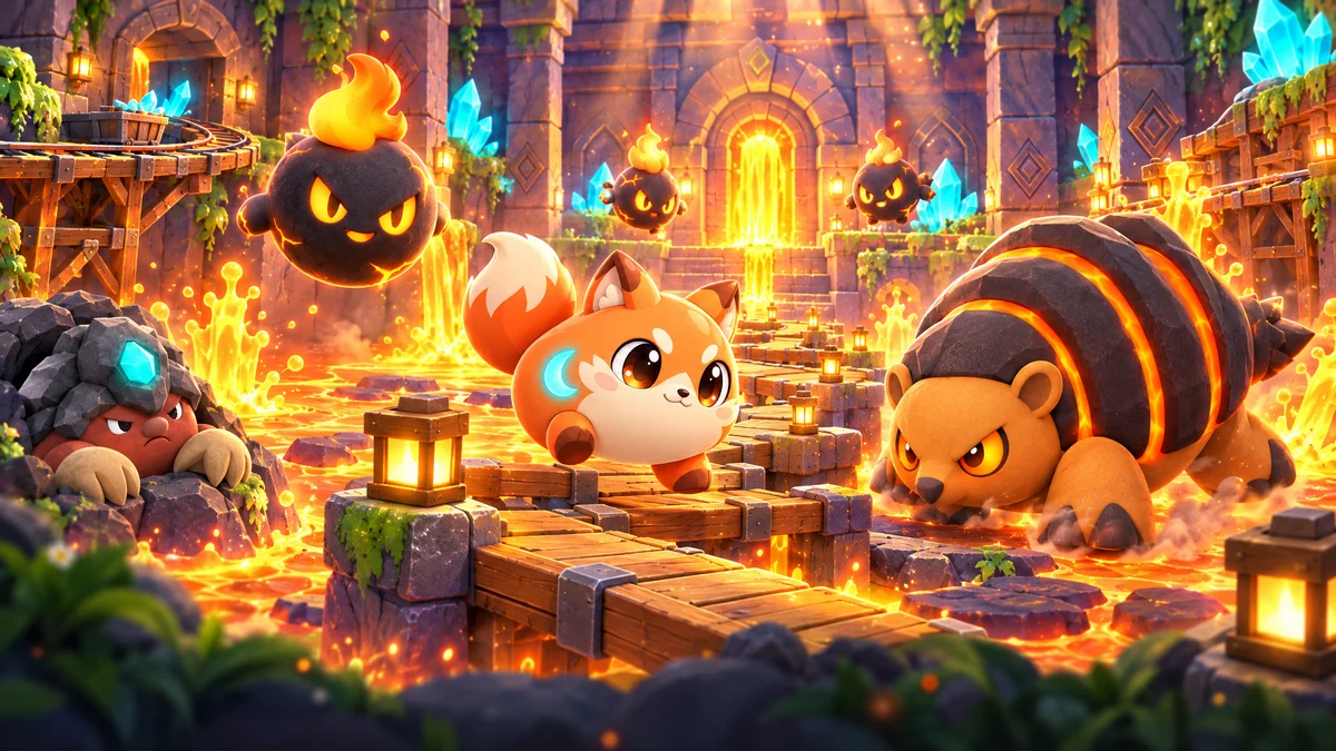 Orblies running over wooden planks between pools of glowing lava