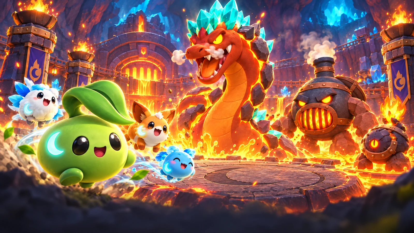 Orblies facing the Pyrewyrm, a lava serpent, in the burning Forge Heart of Cinderdeep Mine