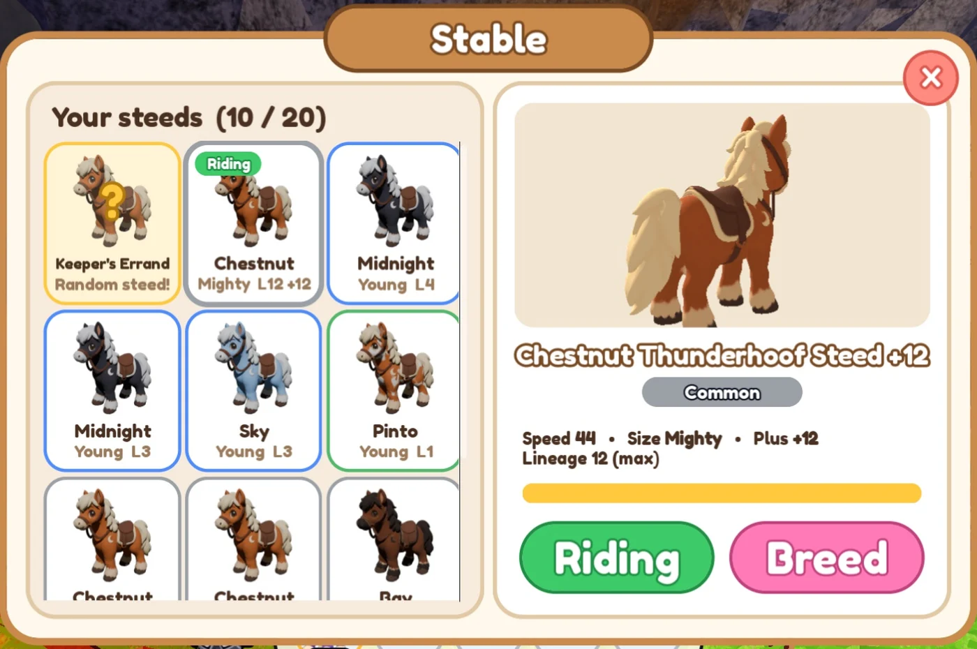 The Stable window with a grid of steeds in different coats