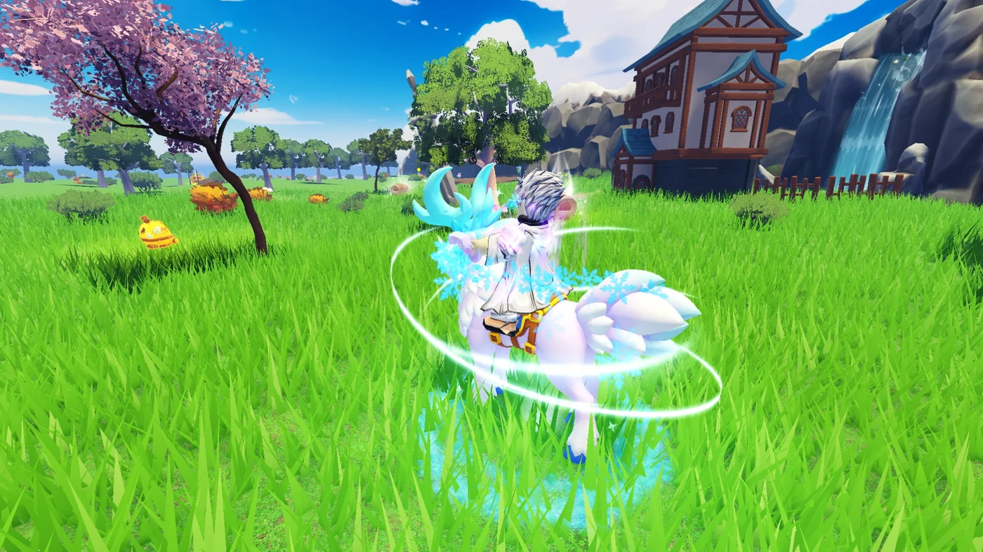 A rider on the Moonstrider, a white moon-deer with glowing ice antlers, surrounded by frost rings and snowflakes
