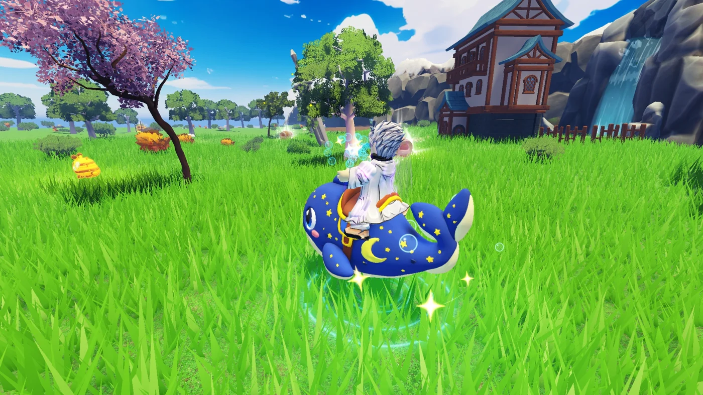 The Star Whale floating above the grass with bubbles and gold stars